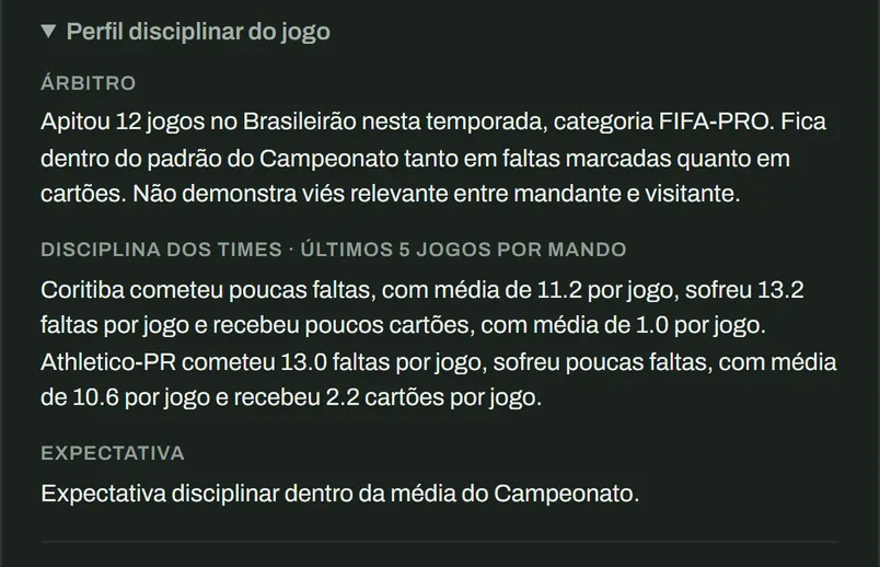 Arbitragem do H2HScout: cartão de um jogo com o árbitro escalado, faltas e cartões por jogo dele, a média da liga embaixo de cada número, e o viés de mando.